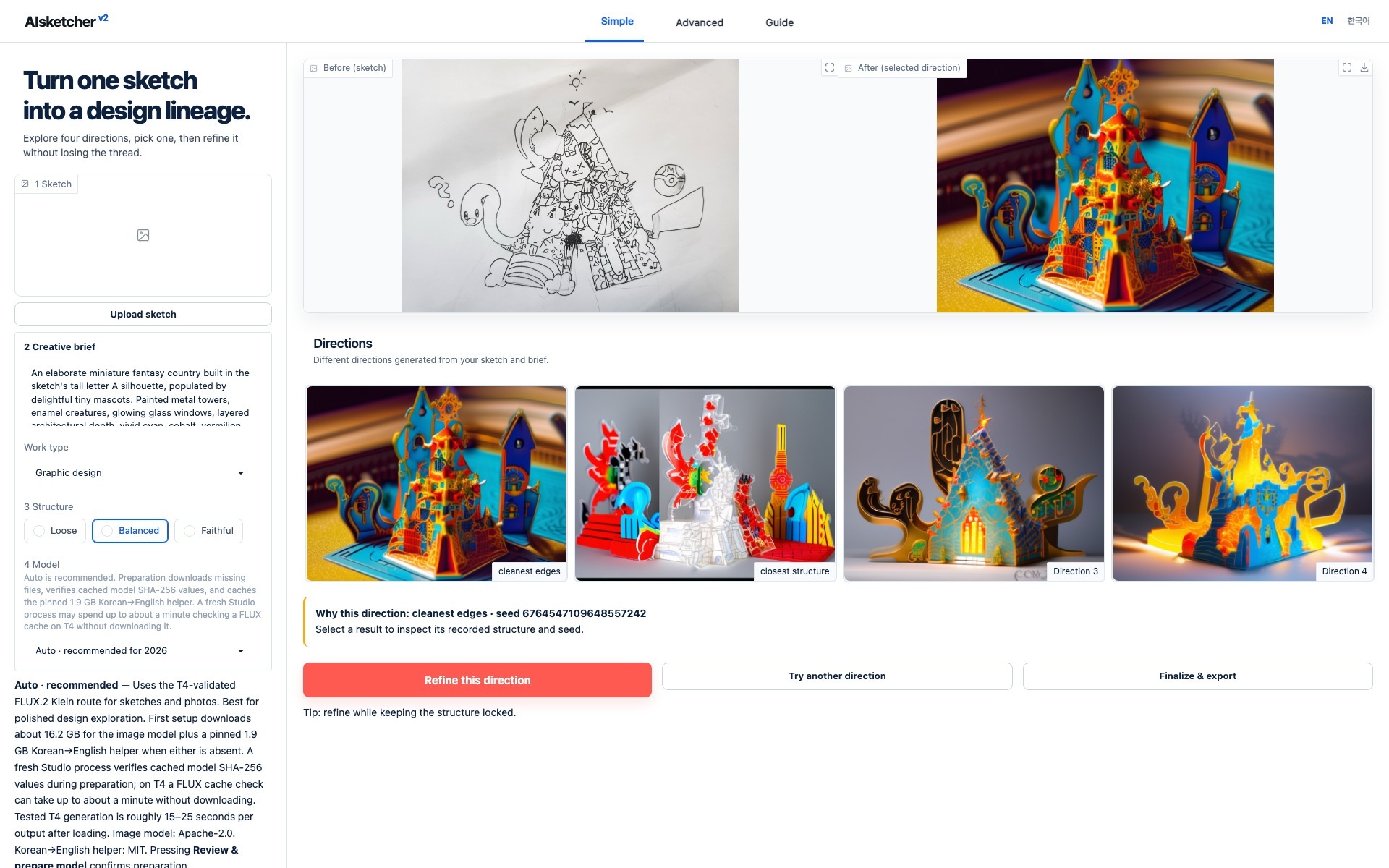 AIsketcher Studio English Simple view with a privacy-reviewed family sketch, selected result, four deterministic directions, and manifest-backed settings