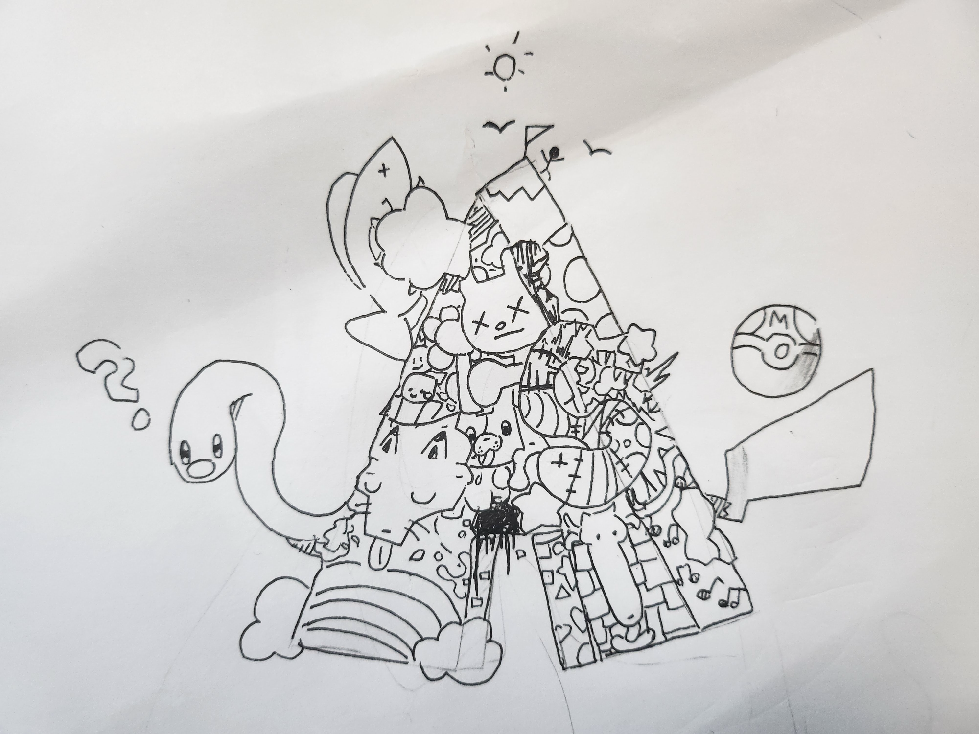 An abstract pencil drawing with a triangular group of playful characters and geometric shapes