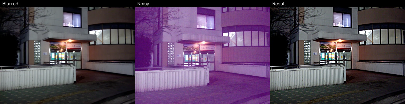 Historical low-light building photograph comparison: blurred, noisy, and restored images.