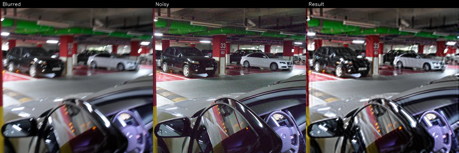 Historical parking photograph comparison: blurred, noisy, and restored images.